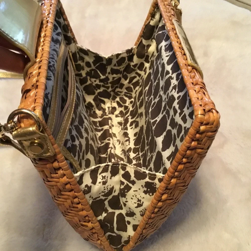 Monsac Wicker & Gold Patent Leather Shoulder/Crossbody Bag
